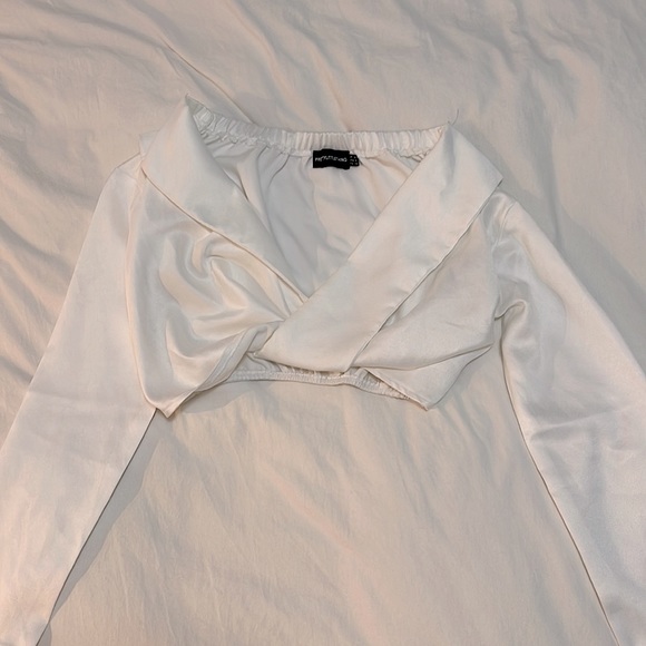 PRETTY LITTLE THING WHITE SATIN BARDOT BLOUSE - Picture 5 of 7